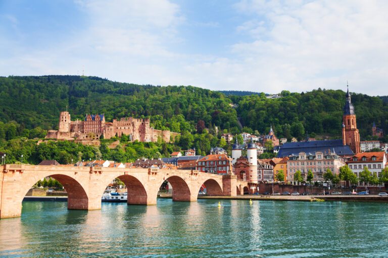 eautiful view of Alte Brucke bridge, castle and Neckar river in Heidelberg during summer sunny day, Germany