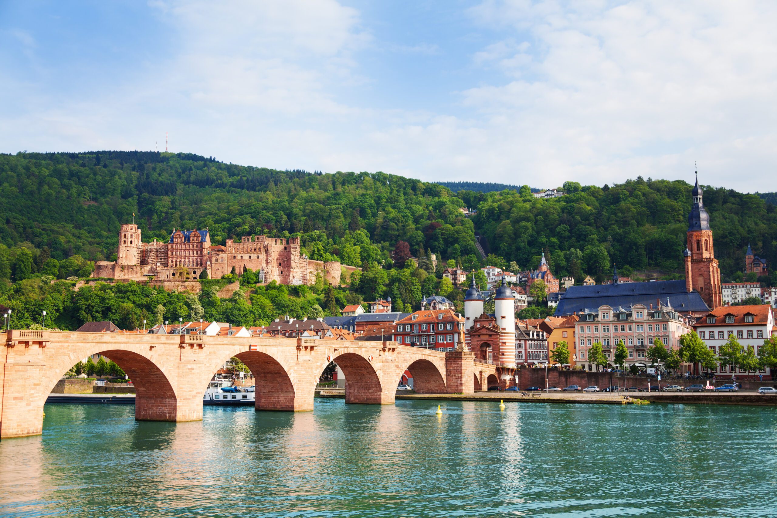 beautiful view of Alte Brucke bridge, castle and Neckar river in Heidelberg during summer sunny day, Germany