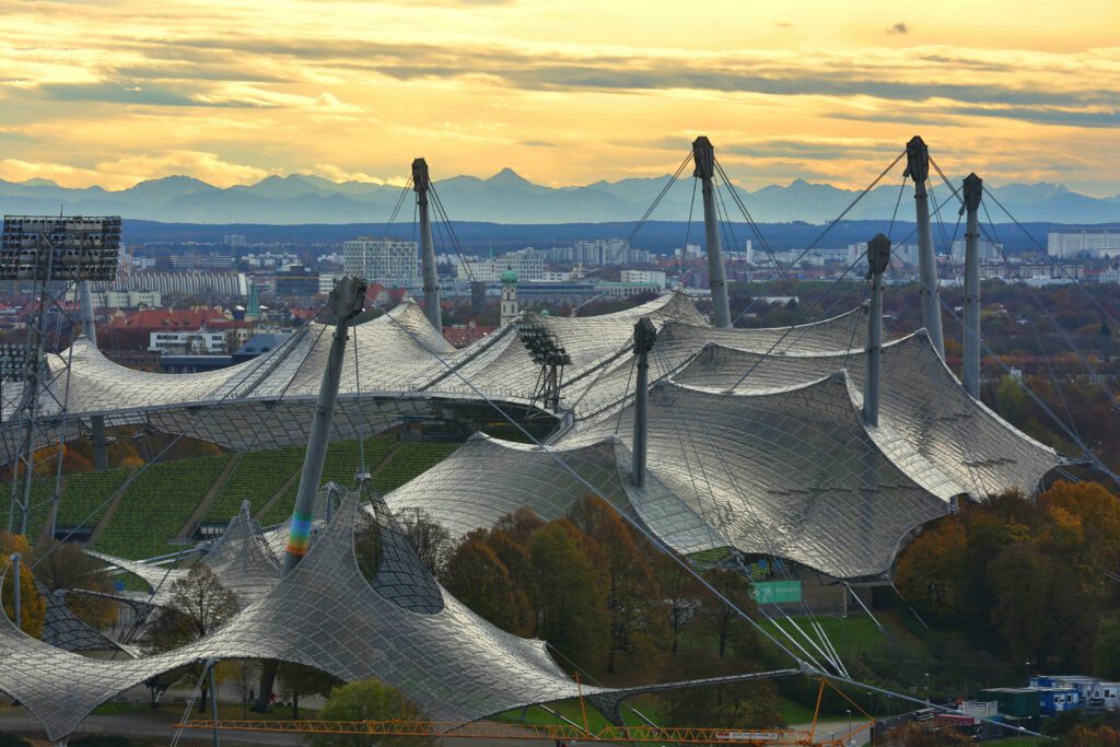 Roof of the Olympic Stadium, view of the Alps in the background
