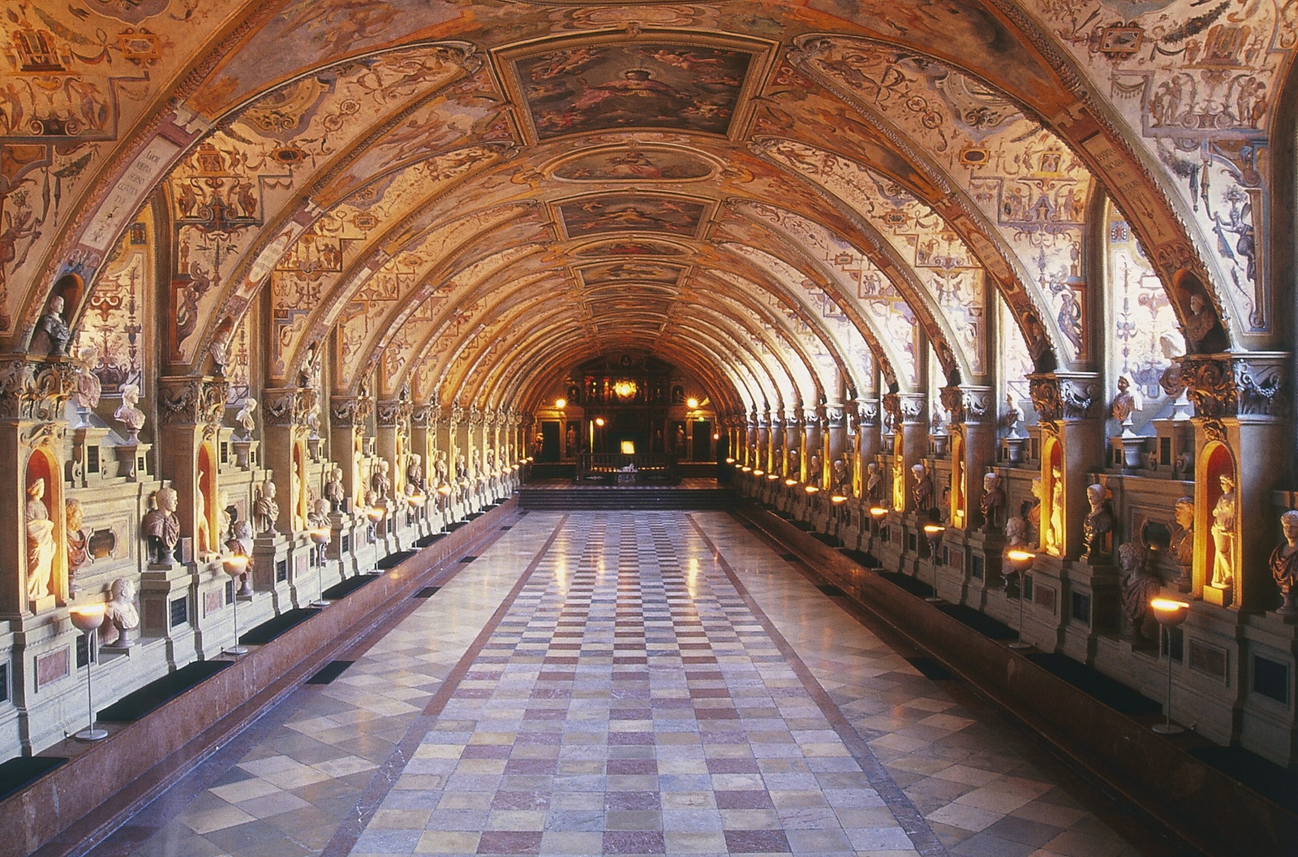 Vaulted ceiling and busts along the wall in baroque Antiquarium at the Munich Residenz in Munich, German