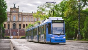 Munich's blue tram in front of Maximilianeum, Bavaria's state captial building