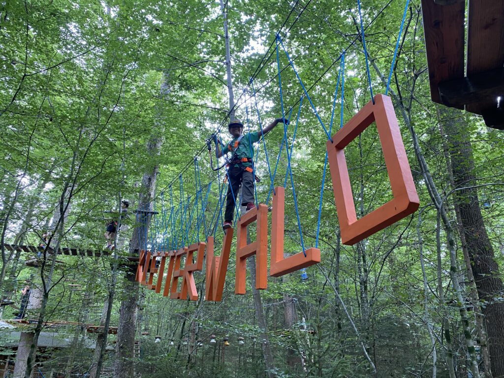 A boy climing across wooden letters in the tree tops. 