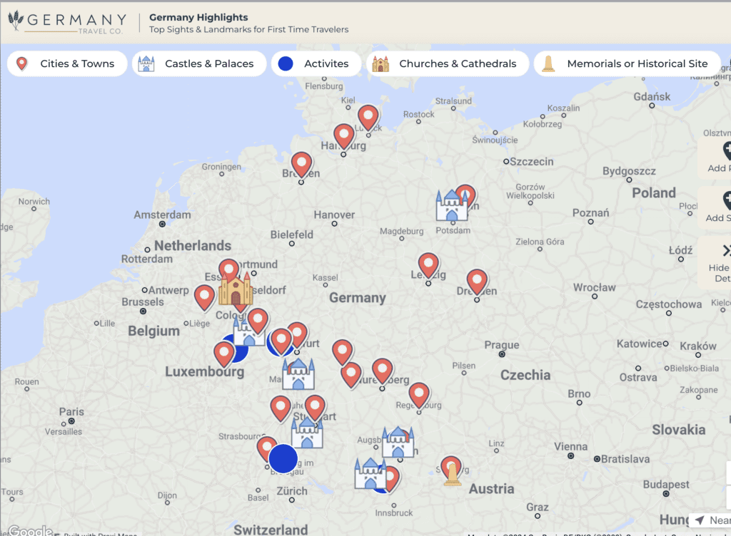 Screenshot of a Germany map, with highligthed cities, towns and castles